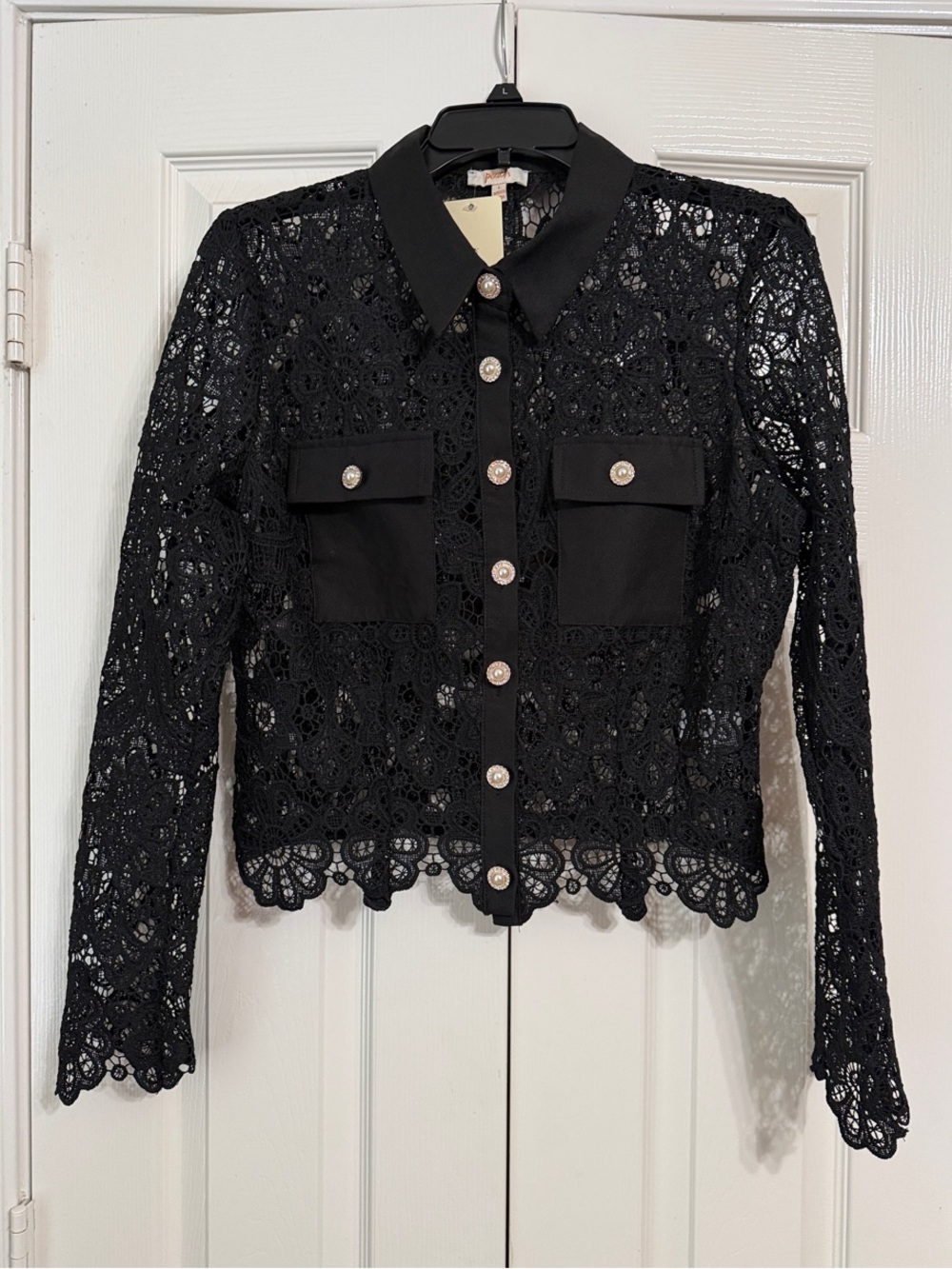 NWT Peach Black Lace Blouse Size Large Embellished Button-Front